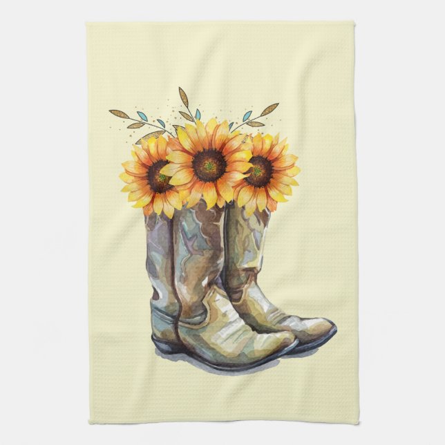 Rustic Cowboy Boots with Sunflowers Kitchen Towel (Vertical)