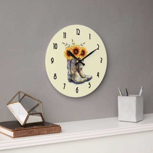 Rustic Cowboy Boots with Sunflowers Large Clock