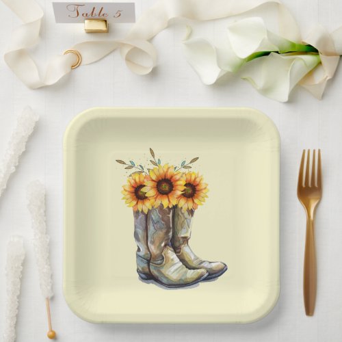 Rustic Cowboy Boots with Sunflowers Paper Plates