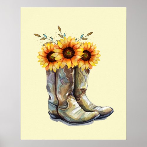 Rustic Cowboy Boots with Sunflowers Poster