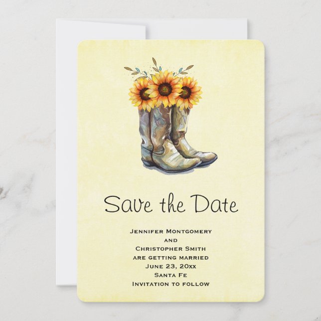 Rustic Cowboy Boots with Sunflowers Save The Date (Front)