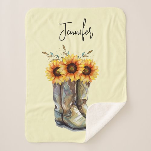 Rustic Cowboy Boots with Sunflowers Sherpa Blanket