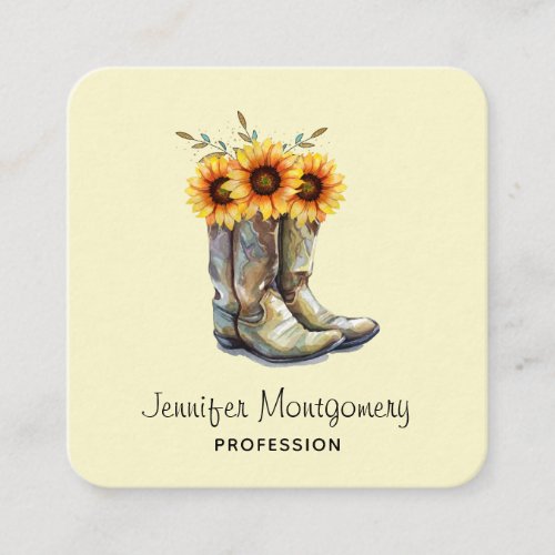 Rustic Cowboy Boots with Sunflowers Square Business Card