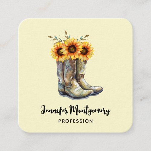 Rustic Cowboy Boots with Sunflowers Square Business Card