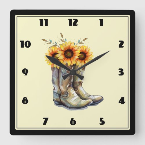 Rustic Cowboy Boots with Sunflowers Square Wall Clock