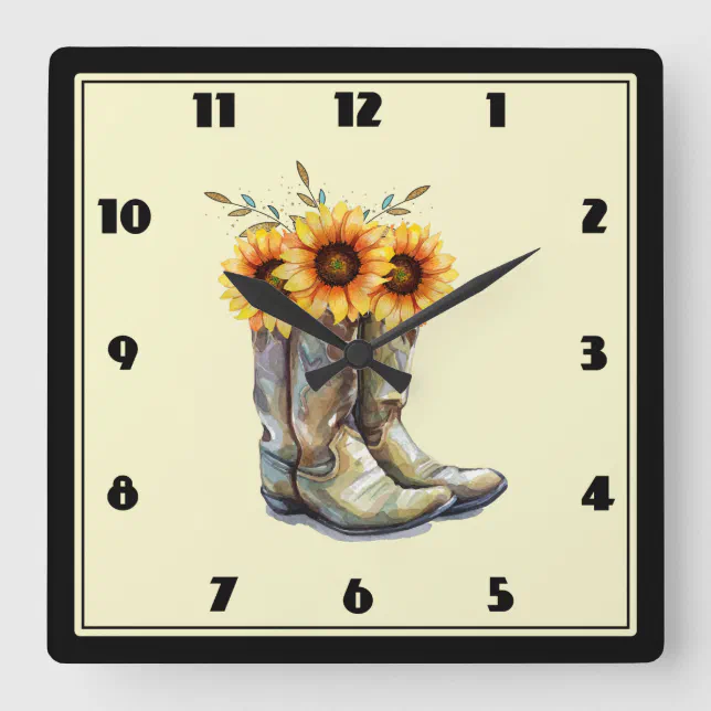 Cowboy Boot Clock Rustic Cowboy Boots with Sunflowers Square Wall Clock | Zazzle