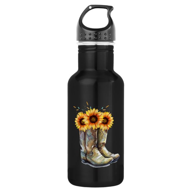 Rustic Cowboy Boots with Sunflowers Stainless Steel Water Bottle (Front)