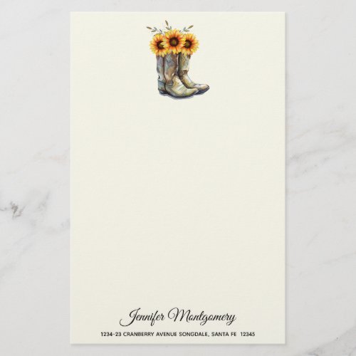 Rustic Cowboy Boots with Sunflowers Stationery