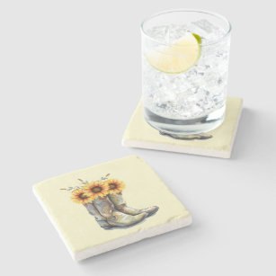 Rustic Cowboy Boots with Sunflowers Stone Coaster