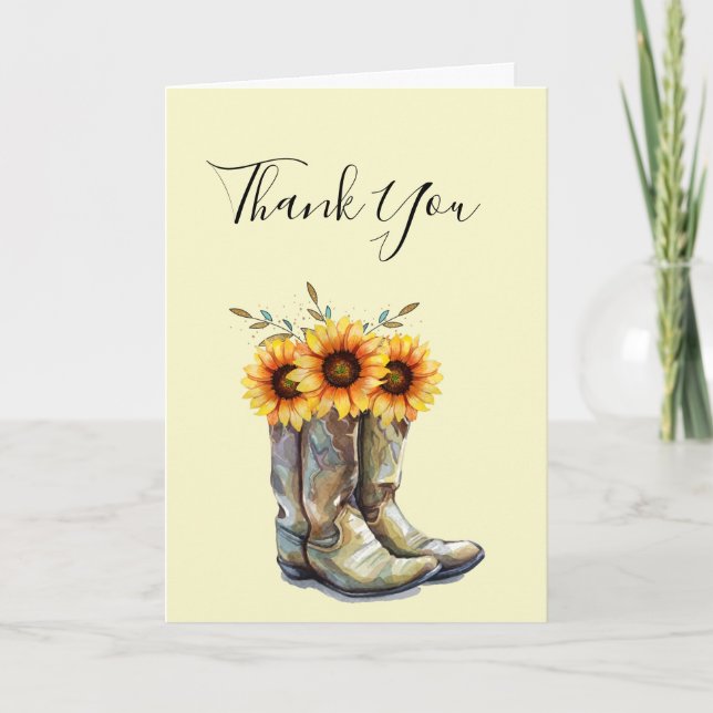 Rustic Cowboy Boots with Sunflowers Thank You Card (Front)