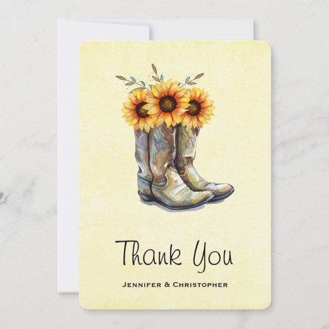 Rustic Cowboy Boots with Sunflowers Thank You Card (Front)