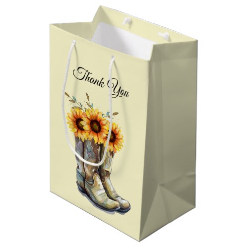 Rustic Cowboy Boots with Sunflowers Thank You Medium Gift Bag