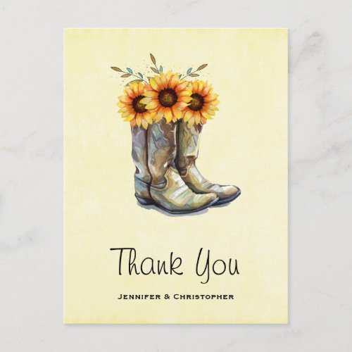 Rustic Cowboy Boots with Sunflowers Thank You Postcard