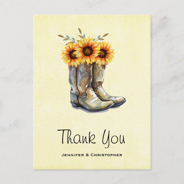 Rustic Cowboy Boots with Sunflowers Thank You Postcard (Front)