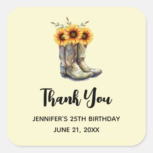 Rustic Cowboy Boots with Sunflowers Thank You Square Sticker