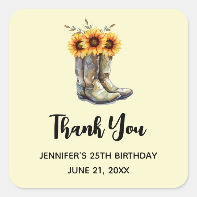 Rustic Cowboy Boots with Sunflowers Thank You Square Sticker (Front)