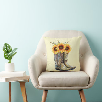 Rustic Cowboy Boots with Sunflowers Throw Pillow