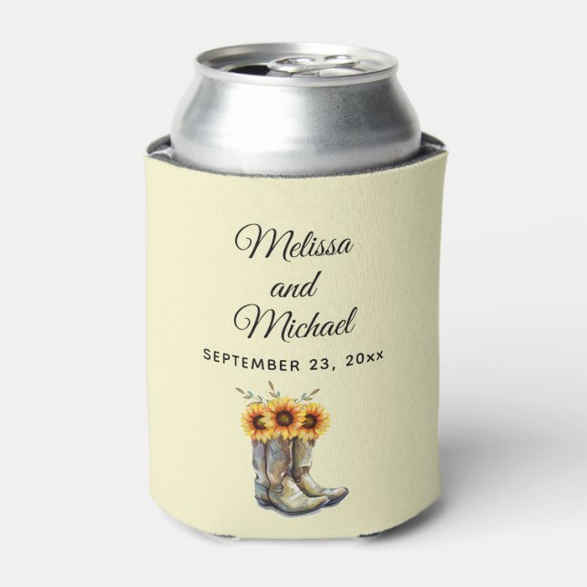 Rustic Cowboy Boots with Sunflowers Wedding Can Cooler (Can Front)