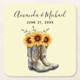 Rustic Cowboy Boots with Sunflowers Wedding Square Paper Coaster