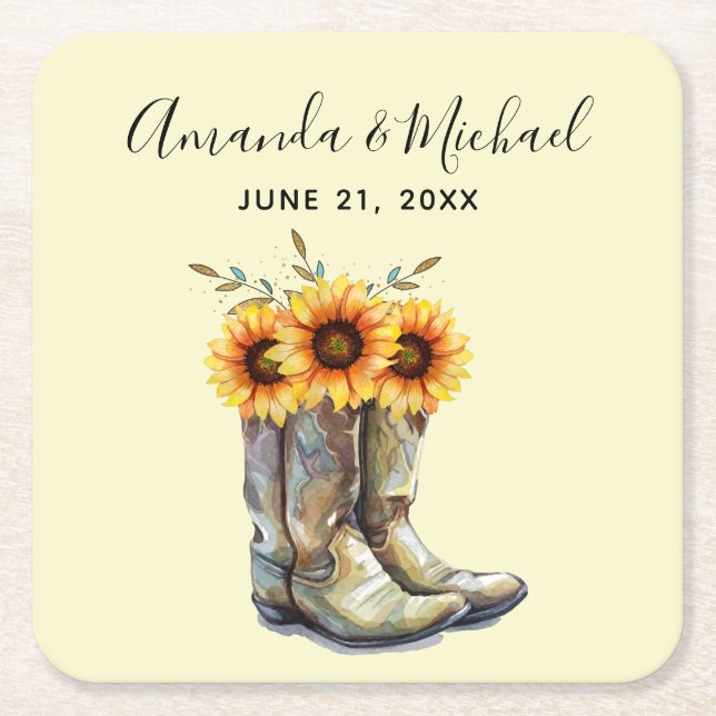 Rustic Cowboy Boots with Sunflowers Wedding Square Paper Coaster (Front)