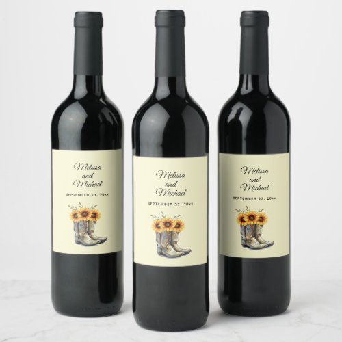 Rustic Cowboy Boots with Sunflowers Wedding Wine Label