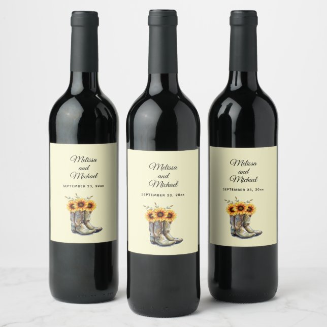 Rustic Cowboy Boots with Sunflowers Wedding Wine Label (Bottles)