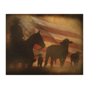 Rustic Cowboy Cattle American Flag Distressed Wood Wall Art