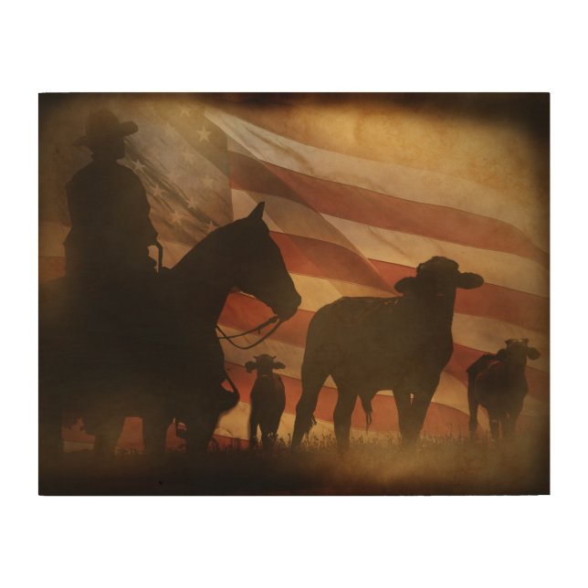 Rustic Cowboy Cattle American Flag Distressed Wood Wall Art (Front)