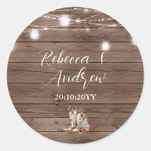 Rustic Cowboy Cowgirl Boots String Lights Wedding  Classic Round Sticker