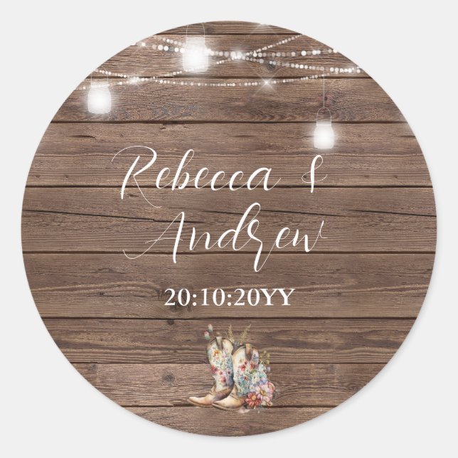 Rustic Cowboy Cowgirl Boots String Lights Wedding  Classic Round Sticker (Front)