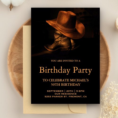 Rustic Cowboy Hat and Boots Birthday Party Invitation