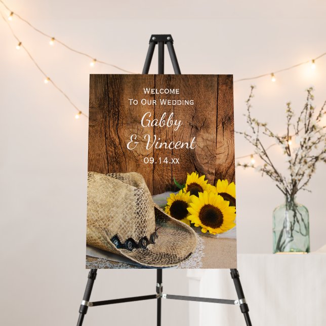 Rustic Cowboy Hat and Sunflowers Barn Wedding Foam Board (In Situ (Stand))