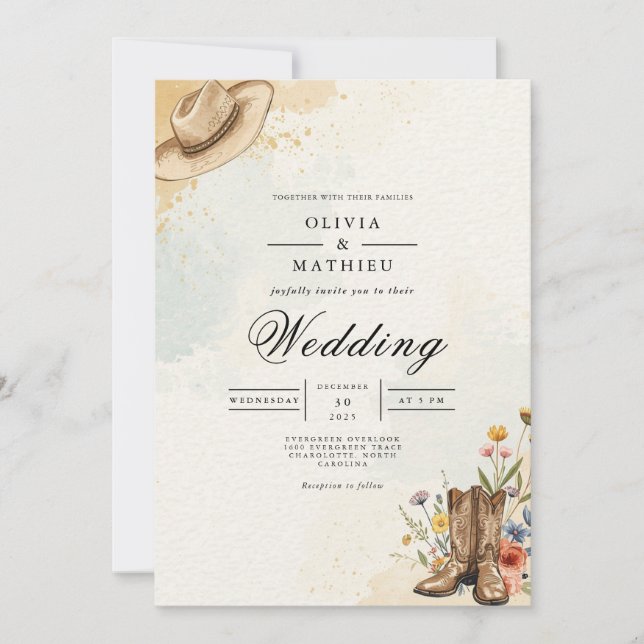 Rustic Cowboy Hat Bloom Wedding Invitation (Front)