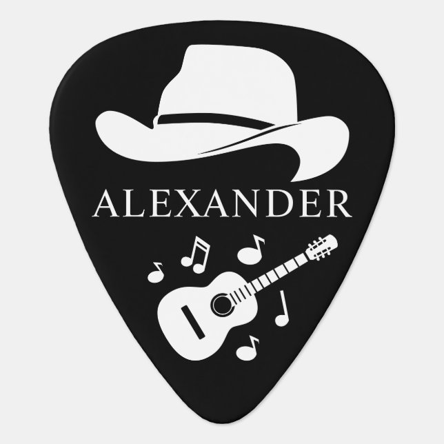 Rustic Cowboy Hat Country Guitar Music Notes Name Pick (Front)