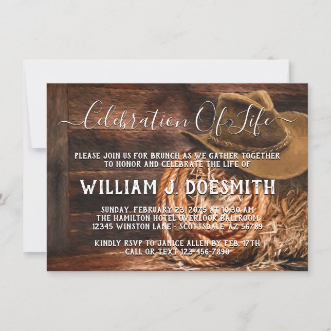 Rustic Cowboy Hat Memorial Service Announcement (Front)