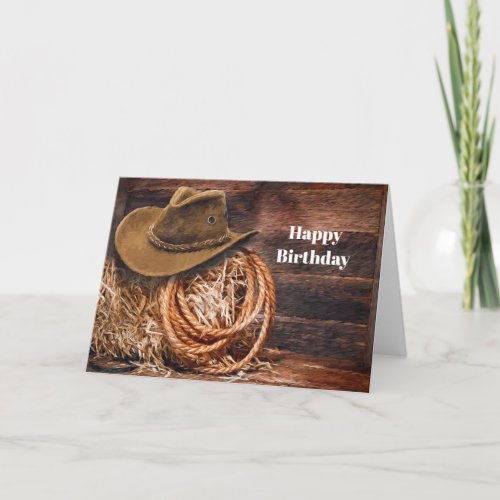 Rustic Cowboy Hat Rope Hay Photo Birthday Card