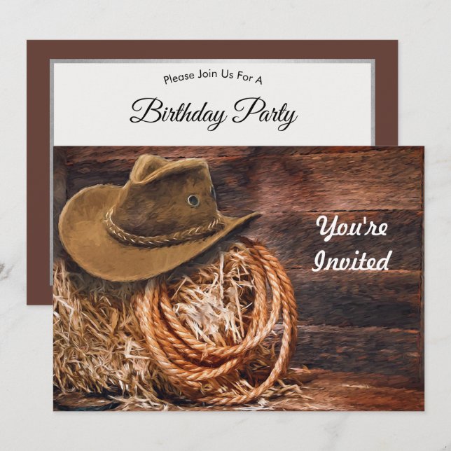 Rustic Cowboy Hat Rope Hay Photo Birthday Invitation (Front/Back)