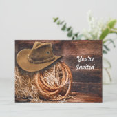 Rustic Cowboy Hat Rope Hay Photo Birthday Invitation (Standing Front)