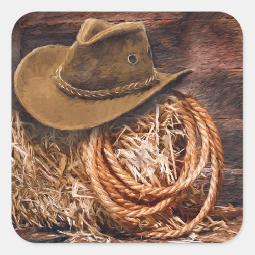 Rustic Cowboy Hat Rope Hay Photo Square Sticker