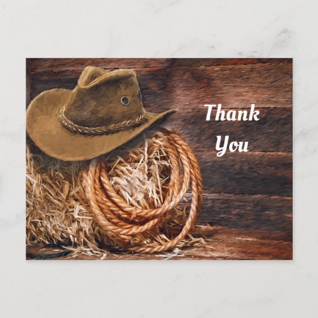 Rustic Cowboy Hat Rope Hay Photo Thank You Postcard (Front)