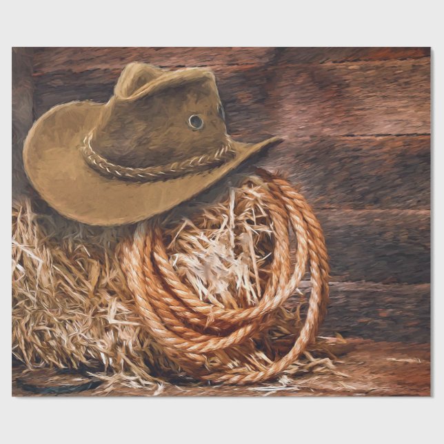 Rustic Cowboy Hat Rope Hay Photo Wrapping Paper (Flat)