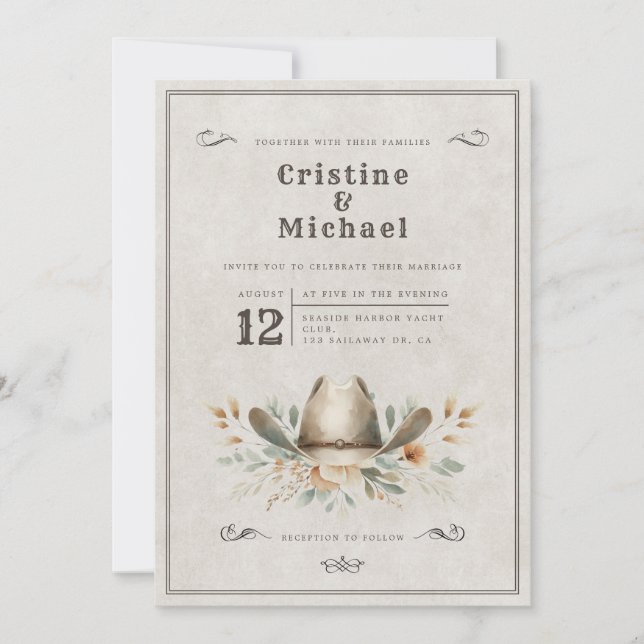 Rustic Cowboy hat wedding Invitation (Front)