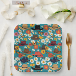 Rustic Cowboy Hats Daisies And Butterflies Teal Paper Plates