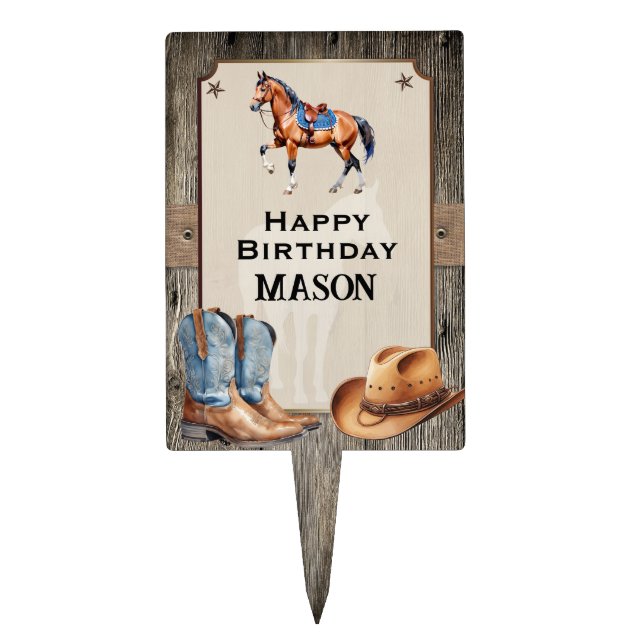 Rustic Cowboy Horseback Riding Birthday Cake Topper (Front)