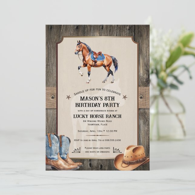 Rustic Cowboy Horseback Riding Birthday Party Invitation (Standing Front)