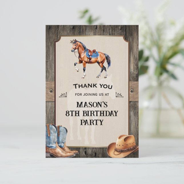 Rustic Cowboy Horseback Riding Birthday Party Thank You Card (Standing Front)