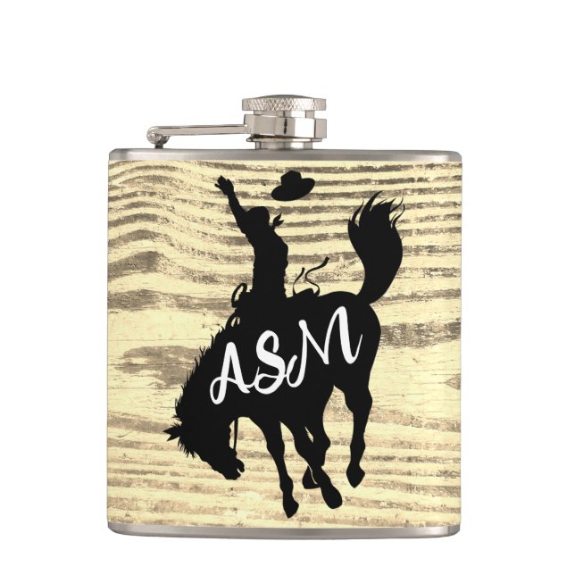 Rustic Cowboy Rodeo Silhouette Beige Flask (Front)