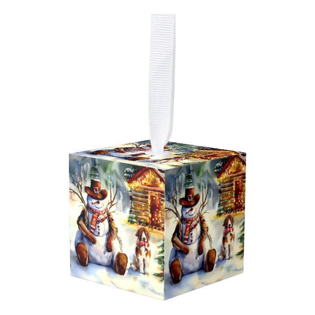 Rustic Cowboy Snowman & Saint Bernard Christmas Cube Ornament (Front Angled)