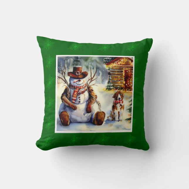 Rustic Cowboy Snowman Watercolor Throw Pillow (Front)