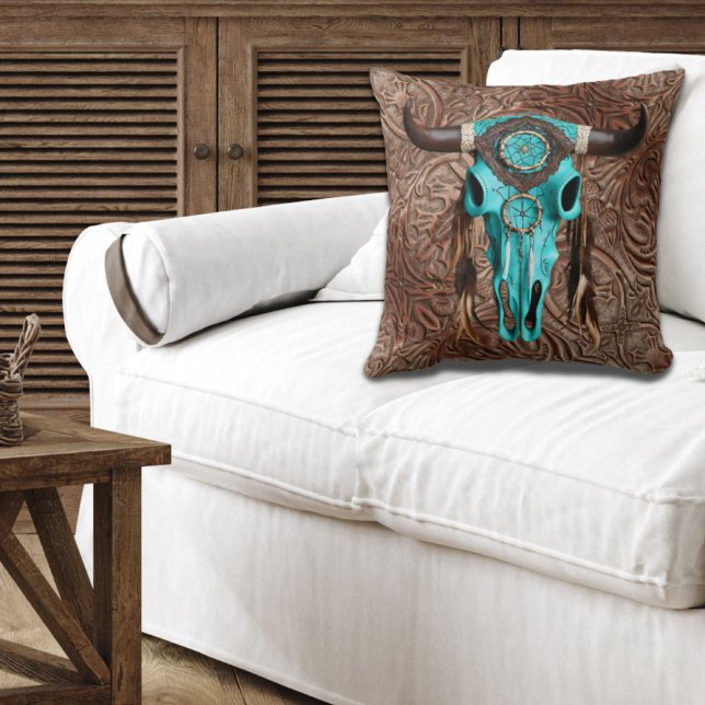 Rustic Cowboy Southwestern  Turquoise Bull Skull  Throw Pillow (Creator Uploaded)